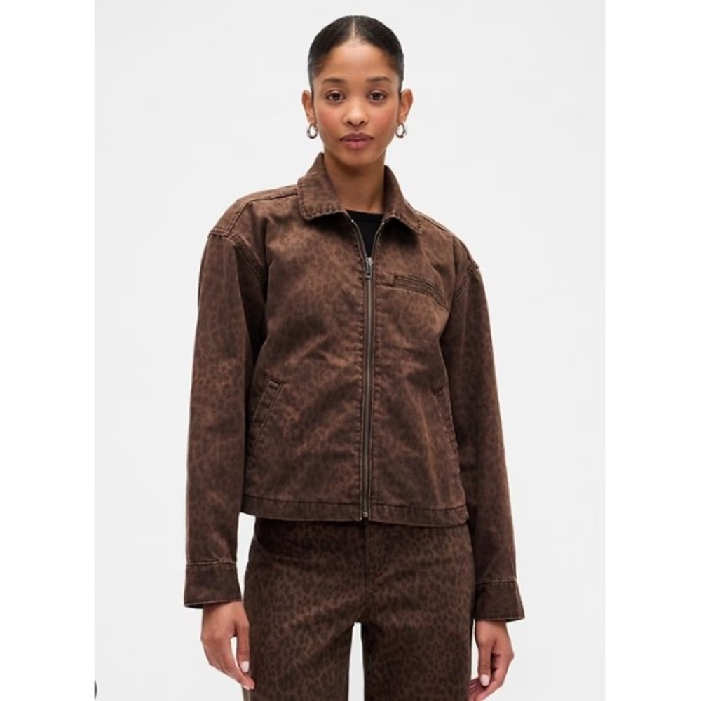 Gap Cropped Print Denim Chore Jacket Leopard Zip Front Brown Black Cotton M